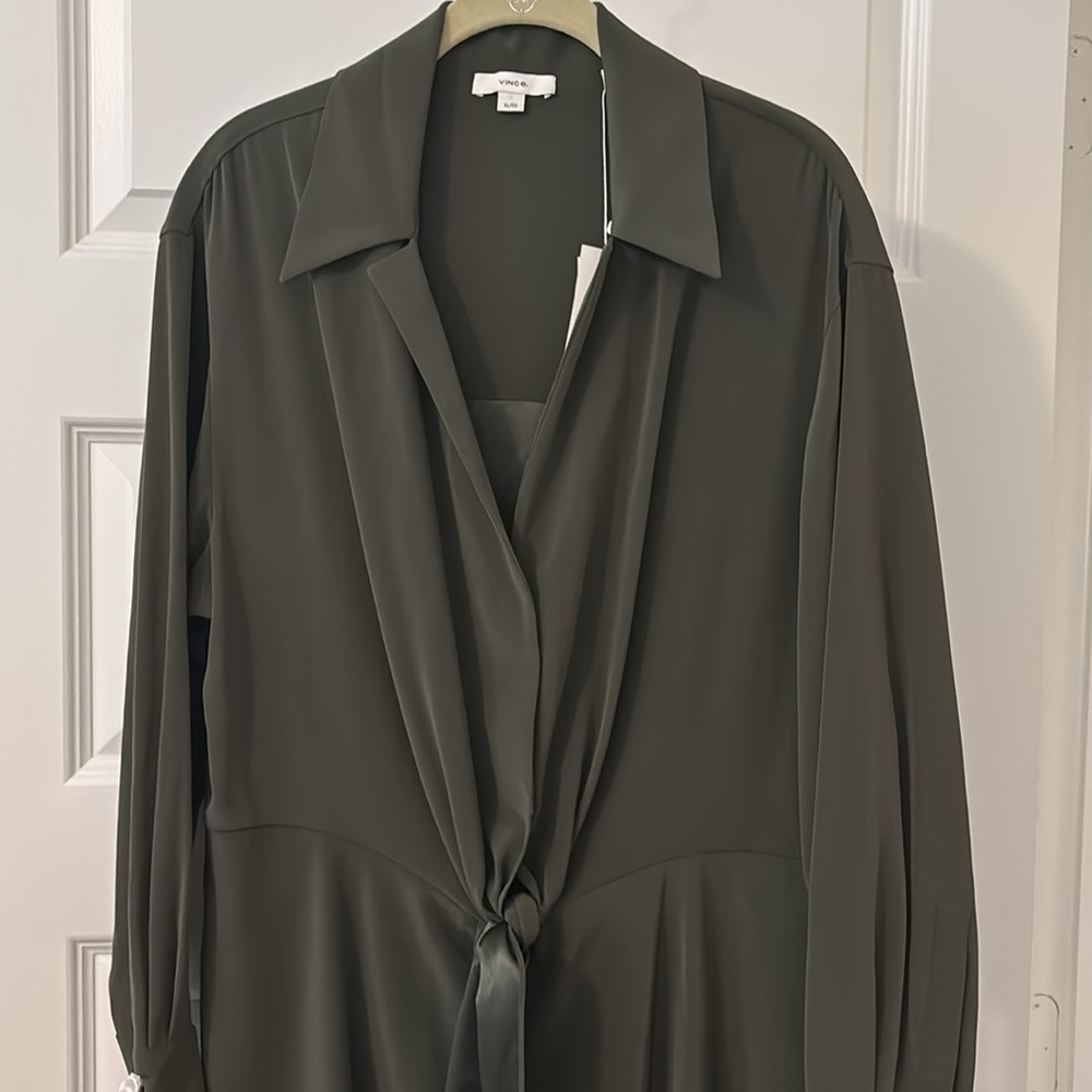 Vince Olive Green Tie-Front Maxi Dress SZ XL v-neck luxurious designer NWT - Picture 5 of 15